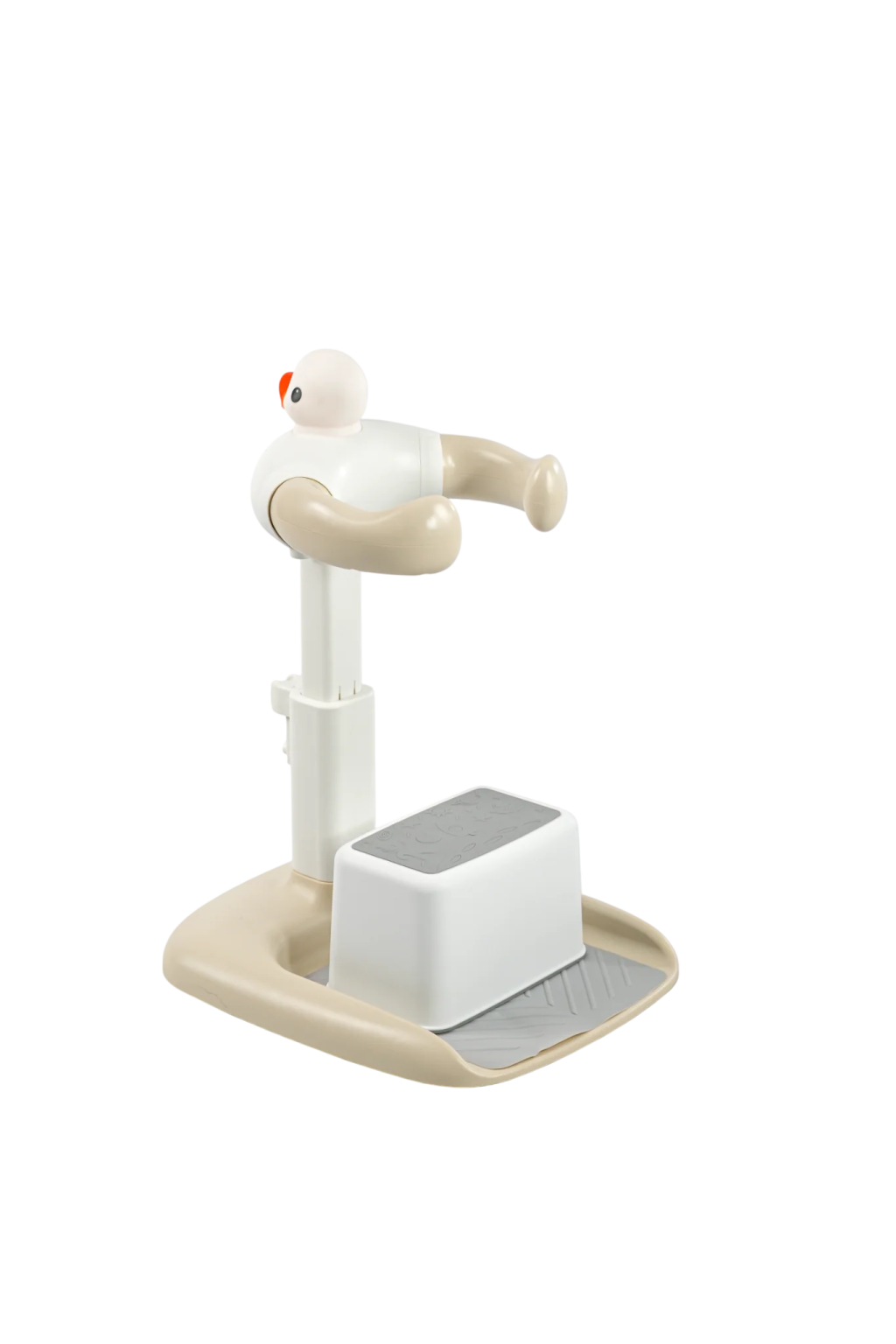 a white and beige device with a red button on it