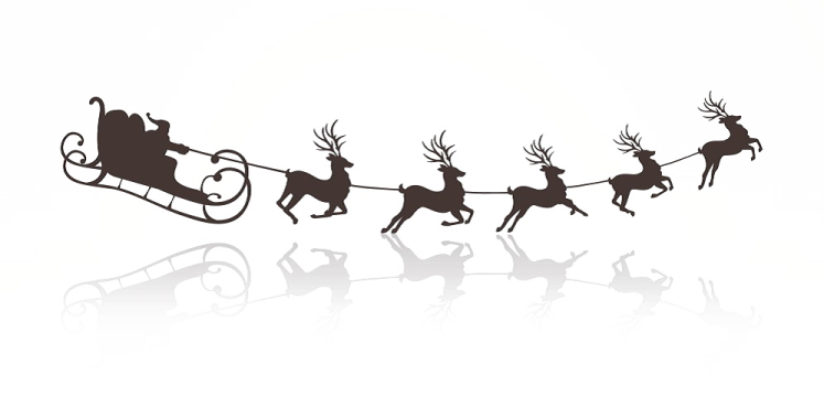 a silhouette of santa's sleiing with reindeers