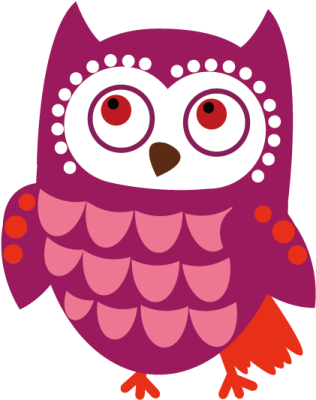 a purple and red owl with big eyes