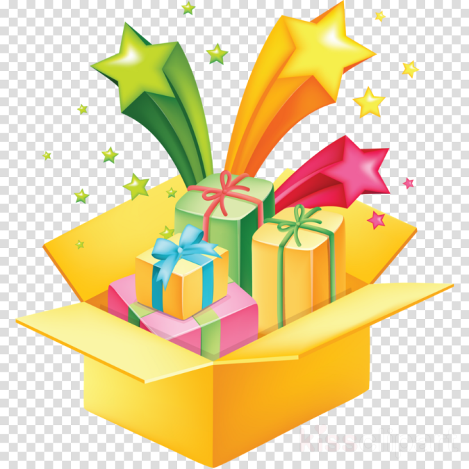 a yellow box with presents and stars on it