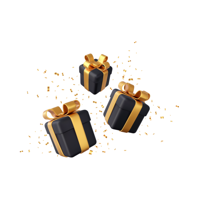 three black gift boxes with gold ribbon and bow
