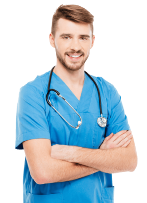 a male doctor standing with his arms crossed
