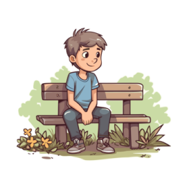 a boy sitting on a bench in the park