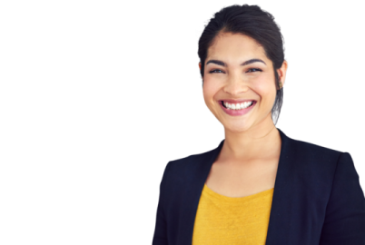 a smiling woman in a yellow shirt and black jacket