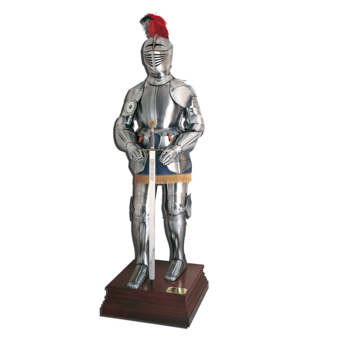 a metal statue of a knight holding a sword