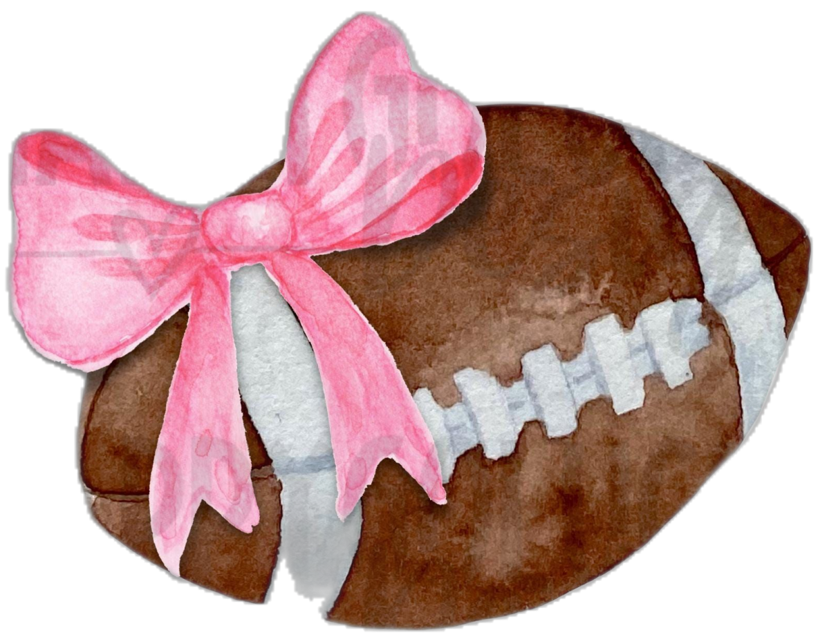 a watercolor painting of a football with a pink bow