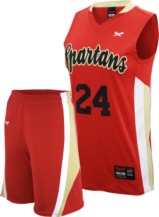 a red and white basketball jersey and shorts