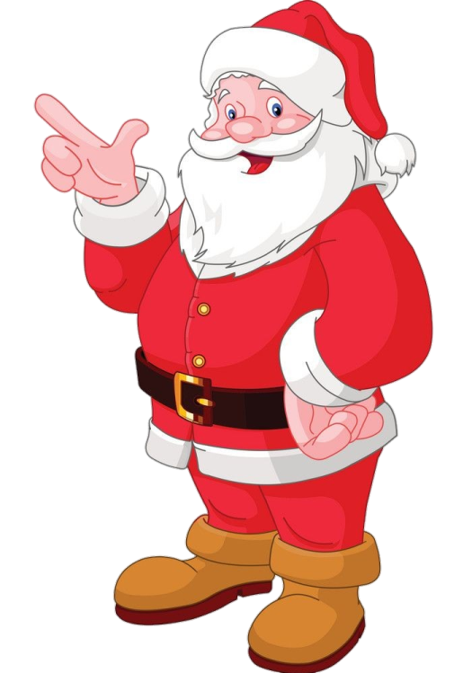 a cartoon santa claus pointing at something