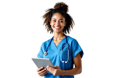 a woman in scrubs holding a tablet and smiling