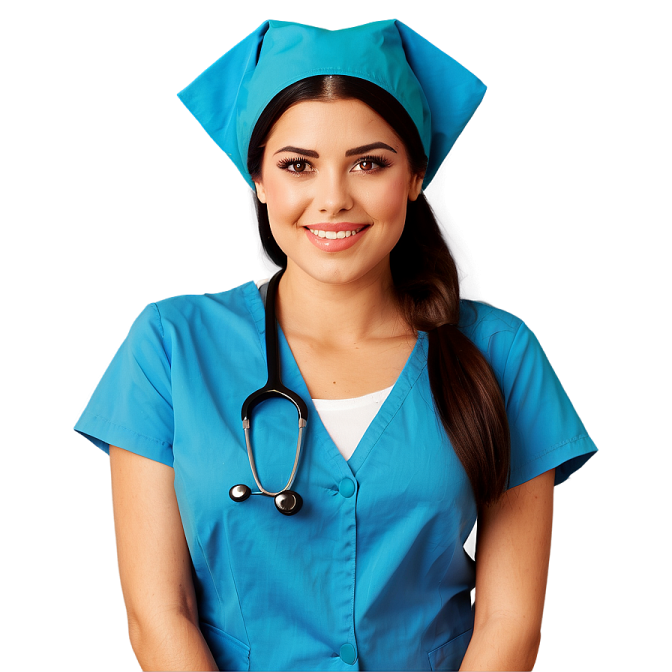 a woman wearing a blue scrub suit and a stel