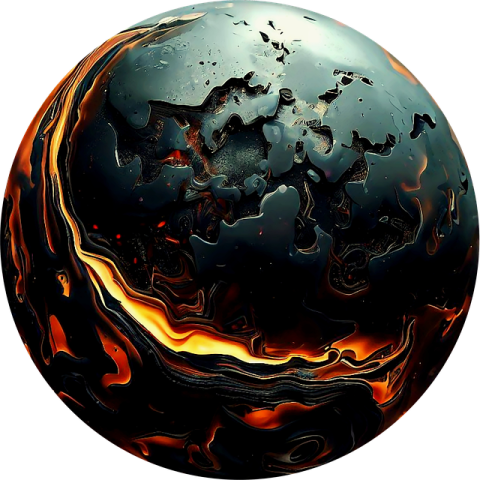a black and orange sphere with flames on it