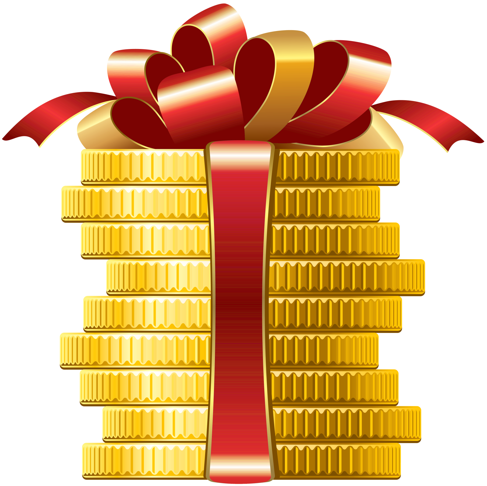 a stack of gold coins with a red bow