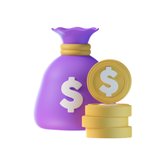 a purple money bag with a dollar coin in it