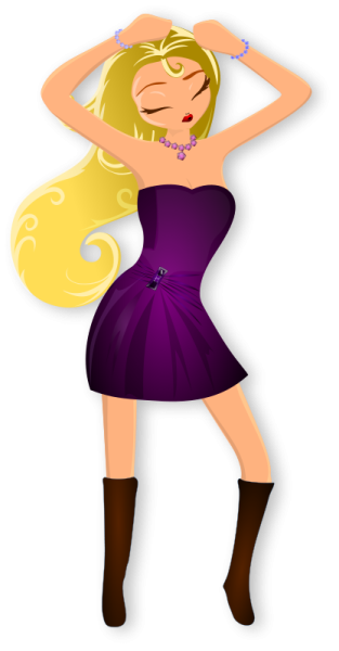 a woman in a purple dress and brown boots