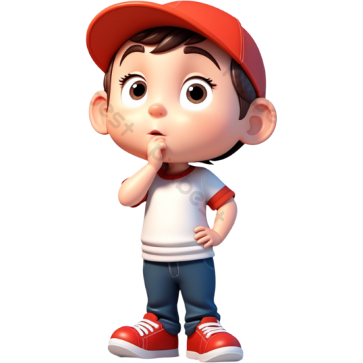 a cartoon boy with a red hat and blue jeans