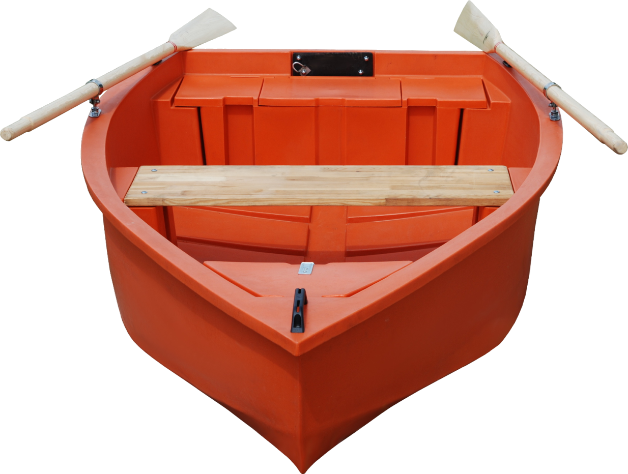 a red boat with two paddles on the front