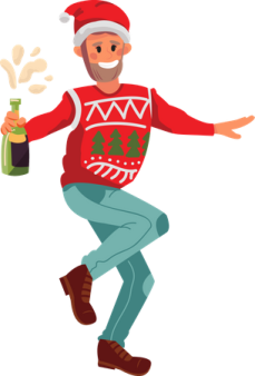 a man in a red sweater and hat holding a beer