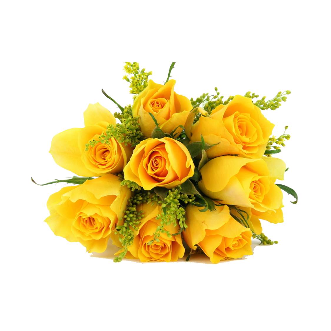 a bouquet of yellow roses and green leaves