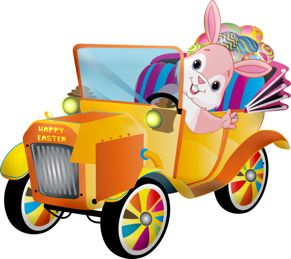a cartoon car with a bunny driving it