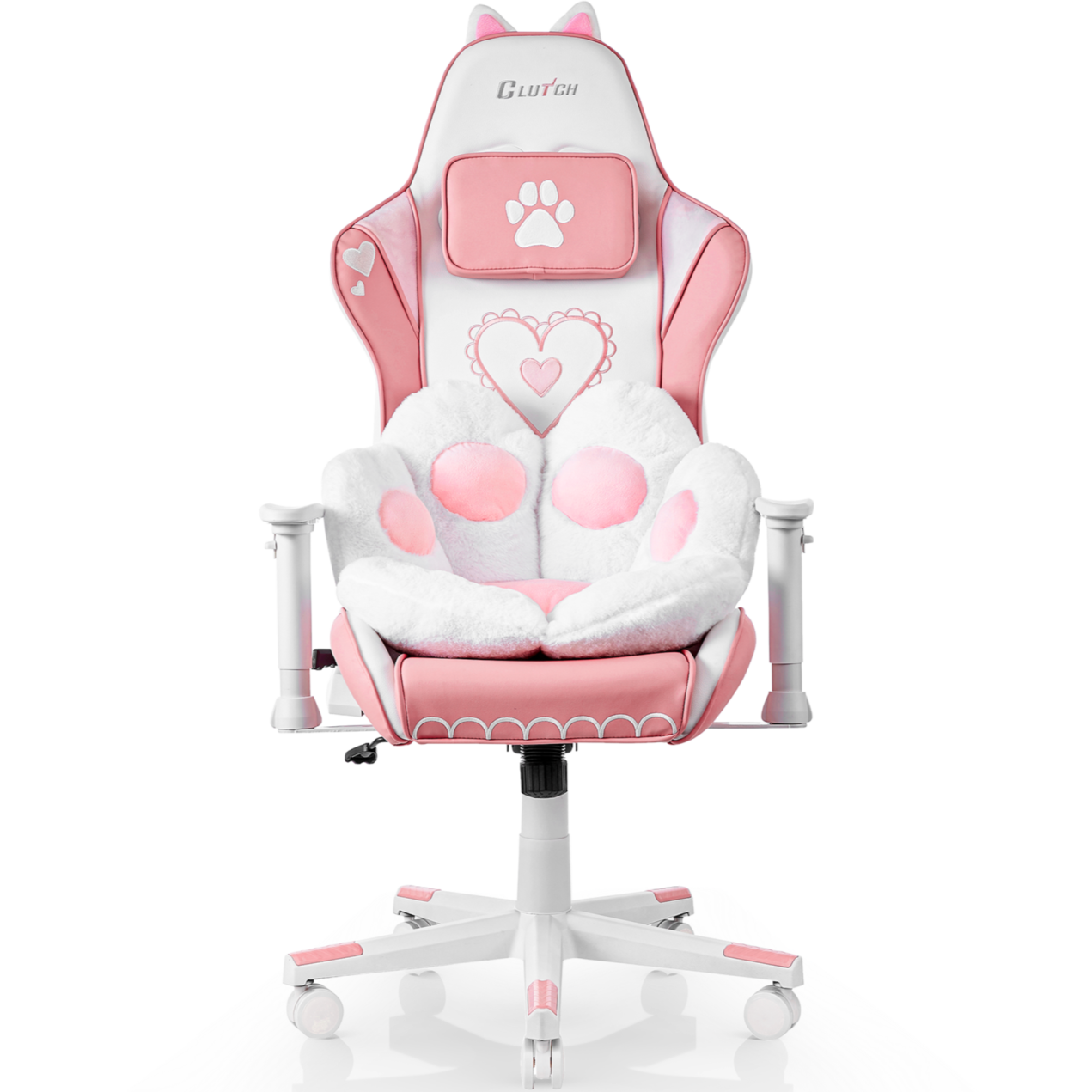 a pink and white chair with a teddy bear on it