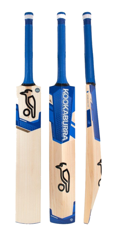 a pair of cricket bats with blue and white logos