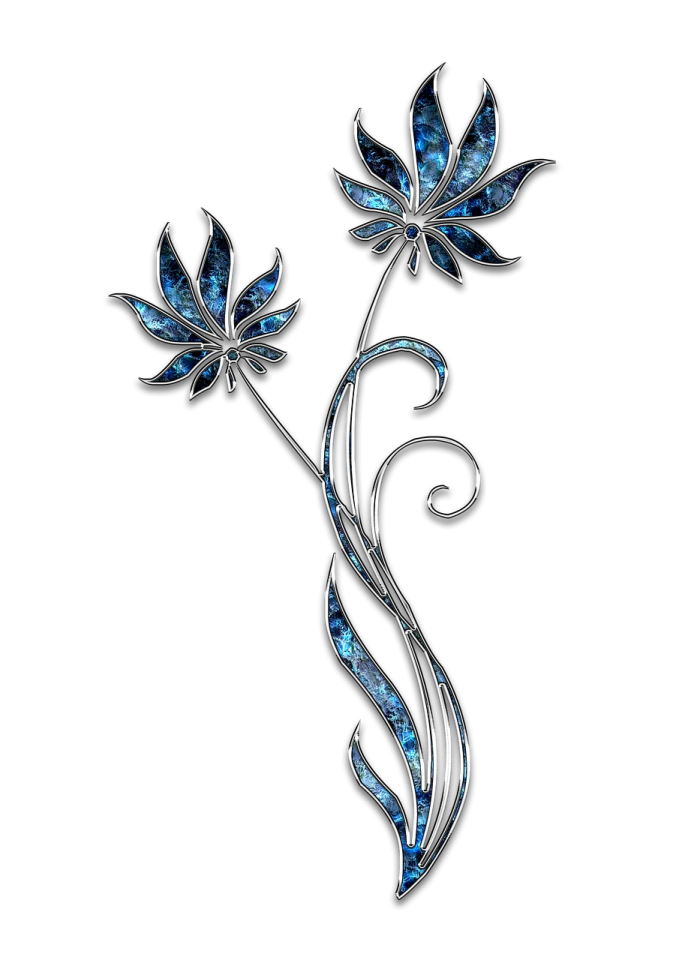 a pair of blue flowers with swirly leaves
