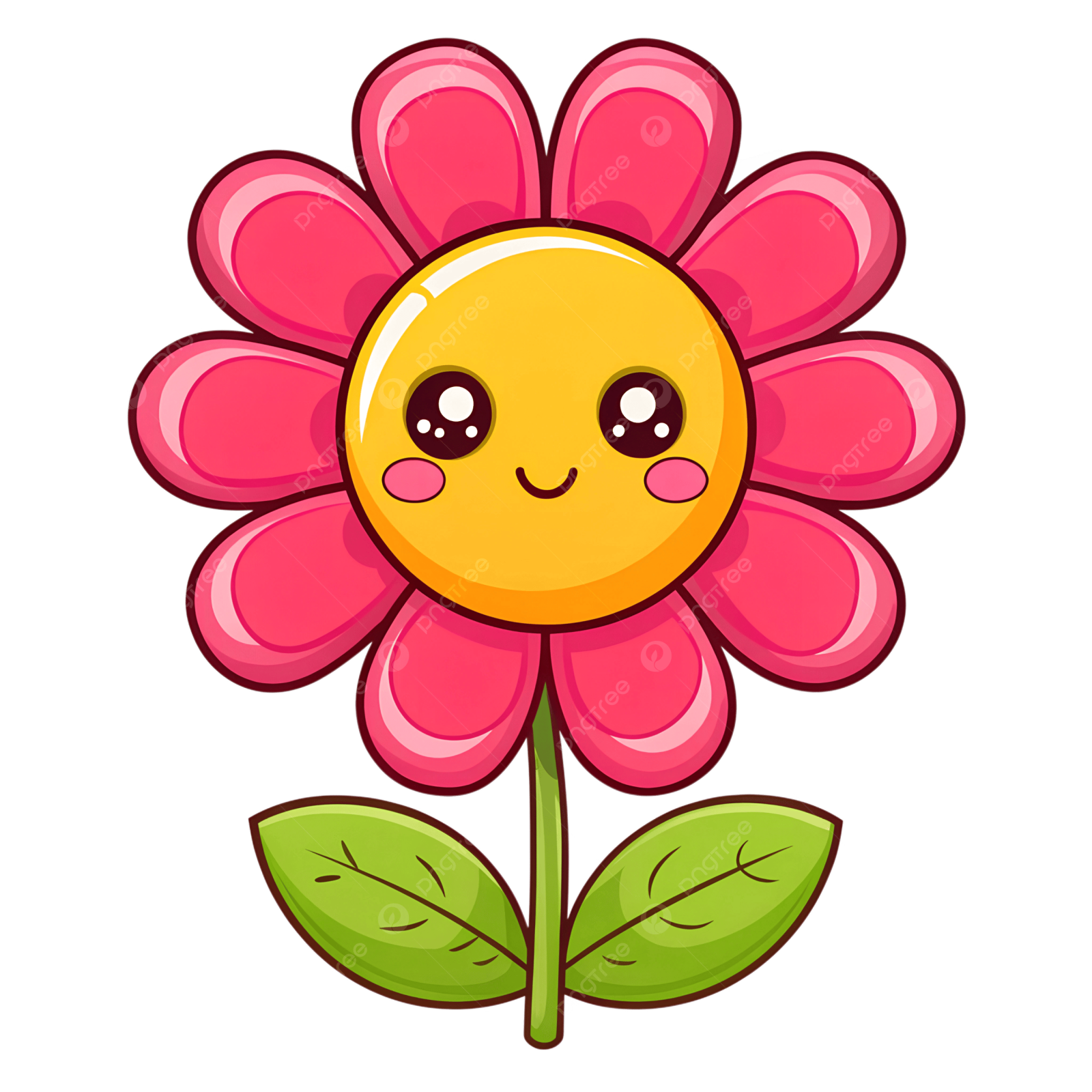 a pink flower with a smiling face and green leaves