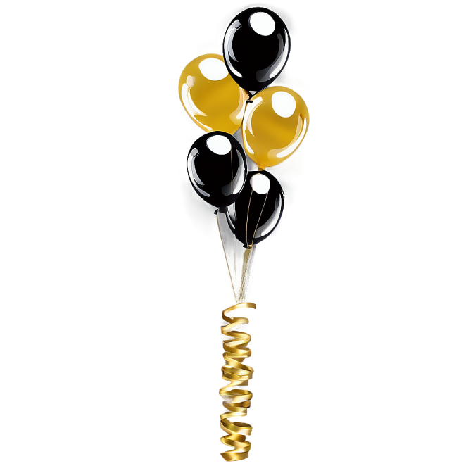 a bunch of black and gold balloons