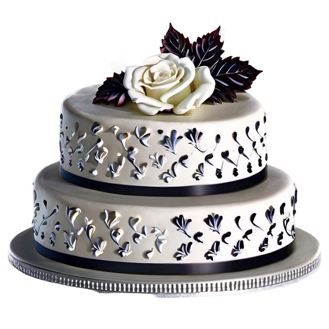 a three tiered cake with a white rose on top