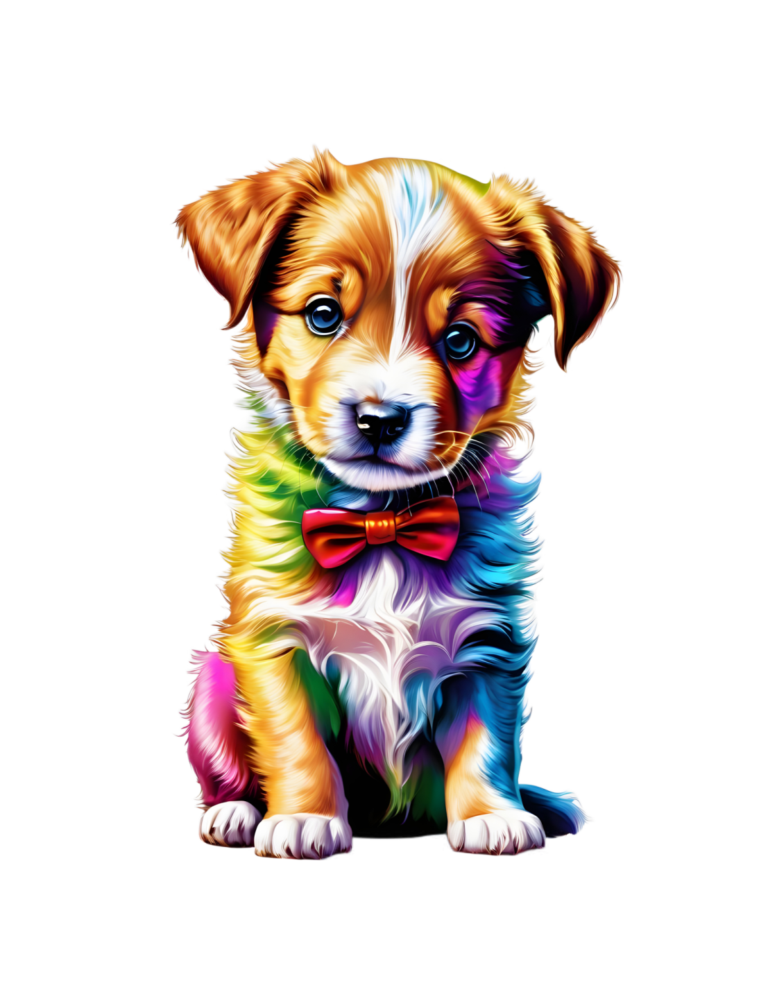 a puppy with a bow tie sitting down