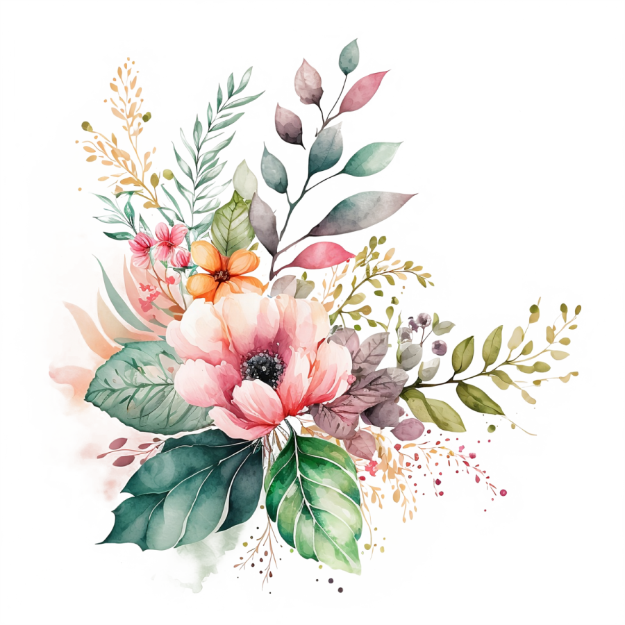 a watercolor painting of flowers and leaves