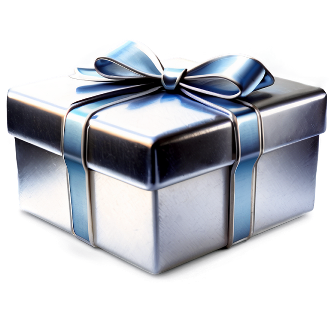 a silver gift box with a blue ribbon