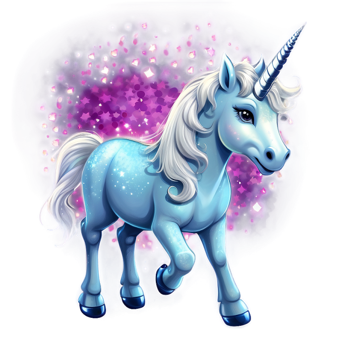 a blue unicorn standing in front of a pink background