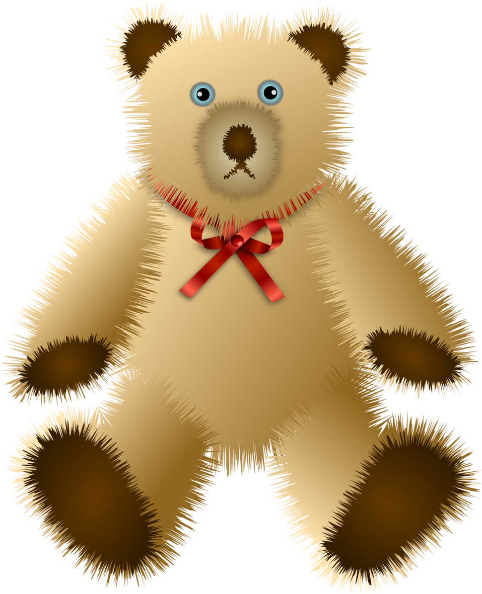 a teddy bear with a red bow on its neck