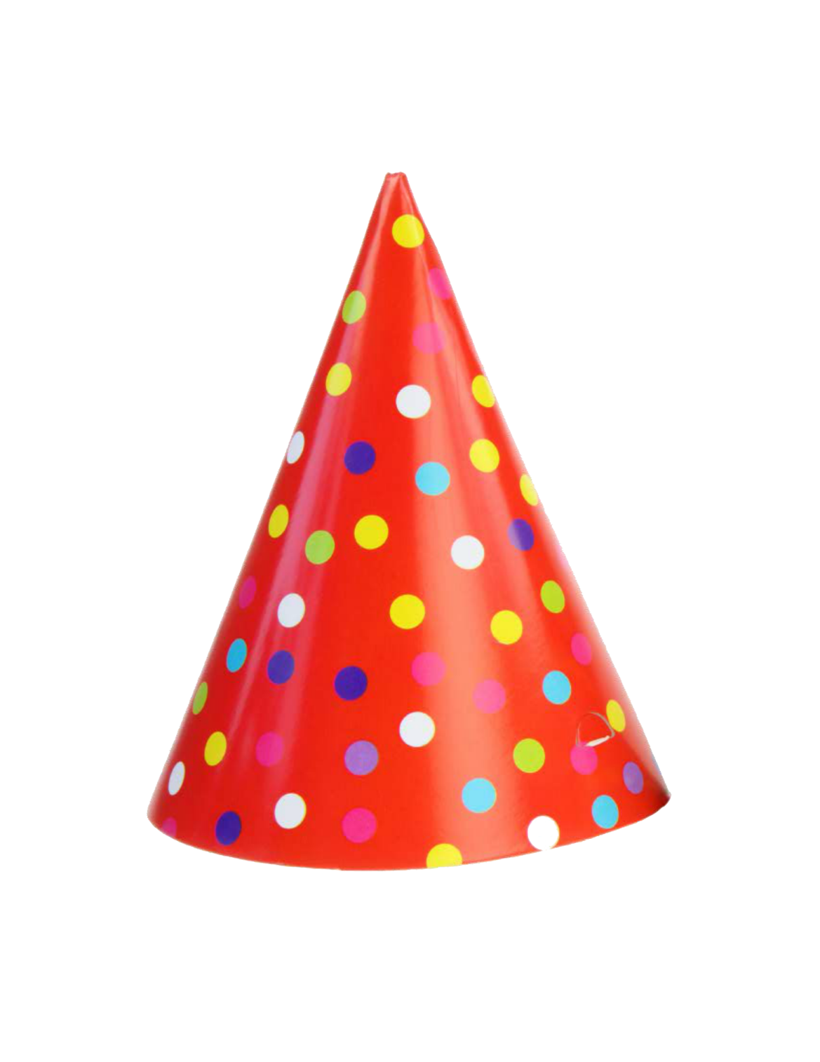 a red party hat with colorful polka dots