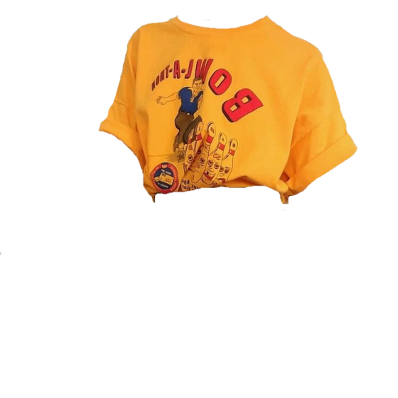a yellow t - shirt with a cartoon character on it