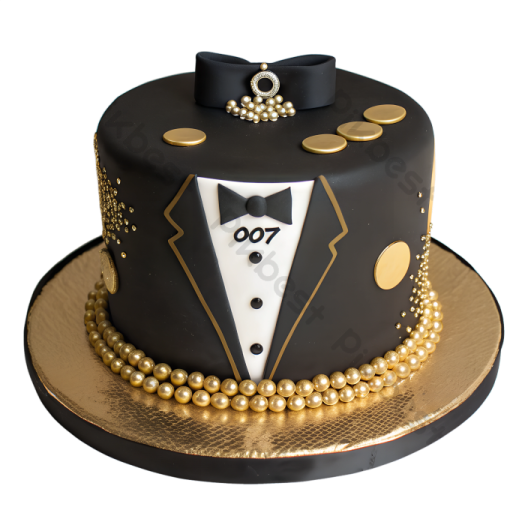 a black and gold cake with a bow tie
