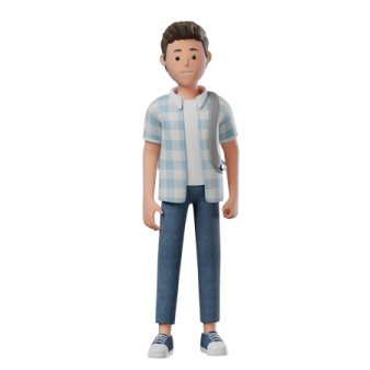 a cartoon character in a blue shirt and jeans