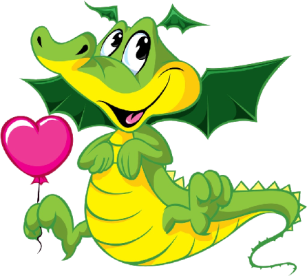 a cartoon dragon holding a heart balloon