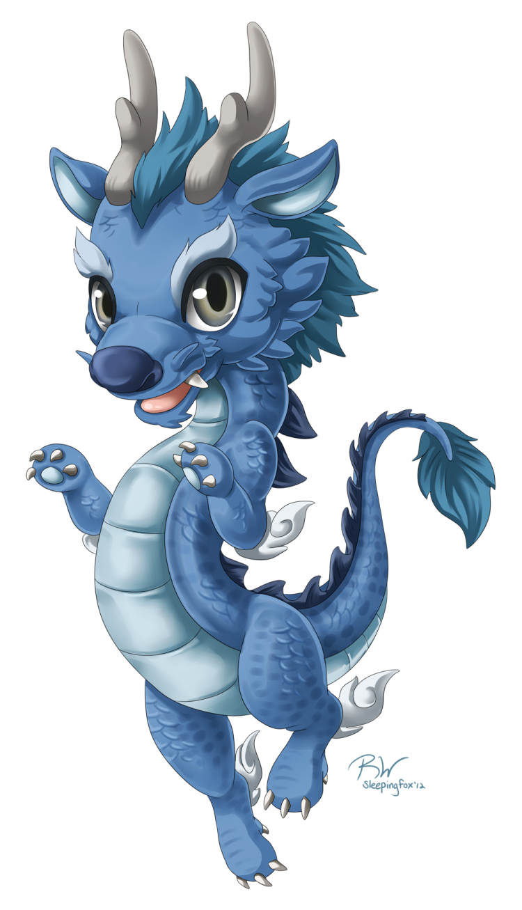 a drawing of a blue dragon with horns