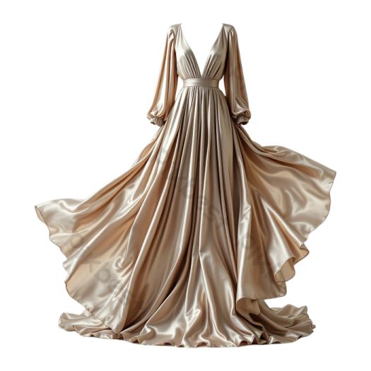 a woman in a beige dress on a white background