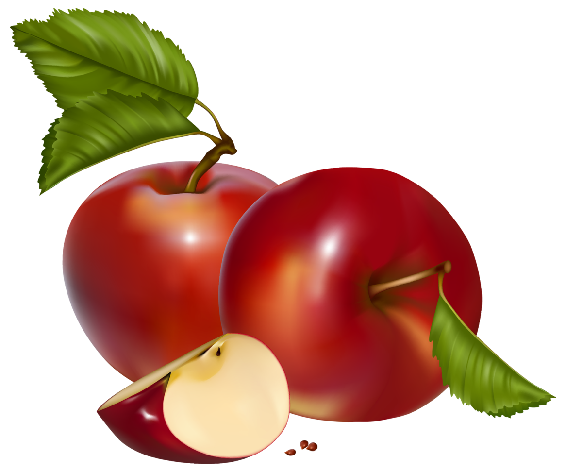 two red apples with green leaves