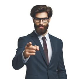 a man in a suit pointing at the camera