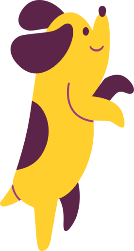 a purple and yellow dog with its mouth open