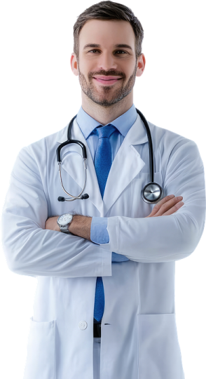 a male doctor standing with his arms crossed