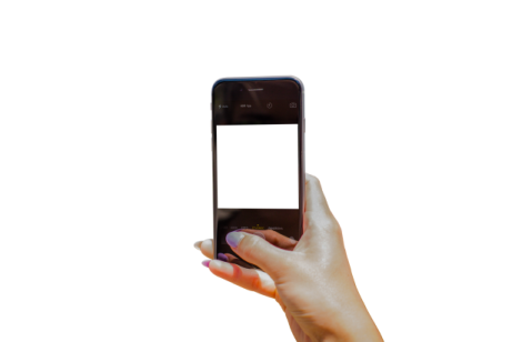 a woman's hand holding an iphone with a blank screen