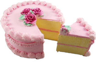 a pink cake with two slices cut into it