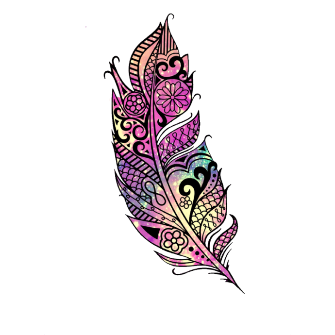 a colorful feather tattoo design on a white background