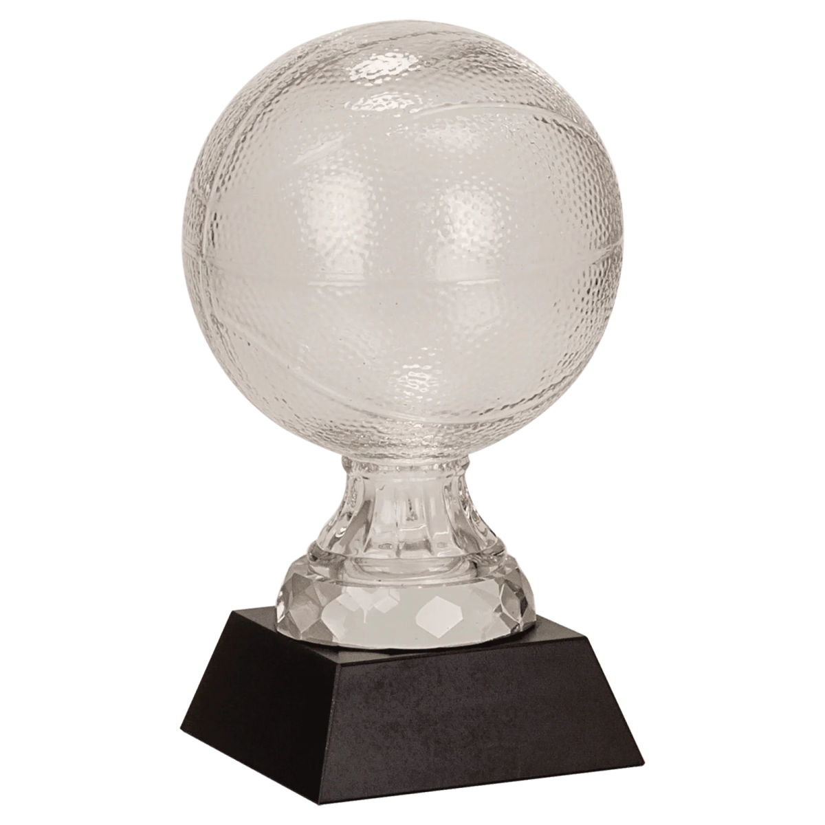 a clear glass trophy on a black base