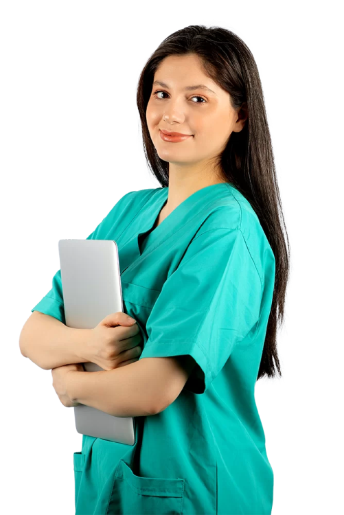 a woman in scrubs holding a tablet computer